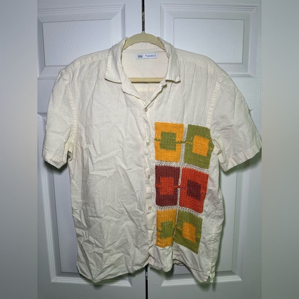 Zara Men’s Embroidered Patchwork Short Sleeve Shirt - Size XL